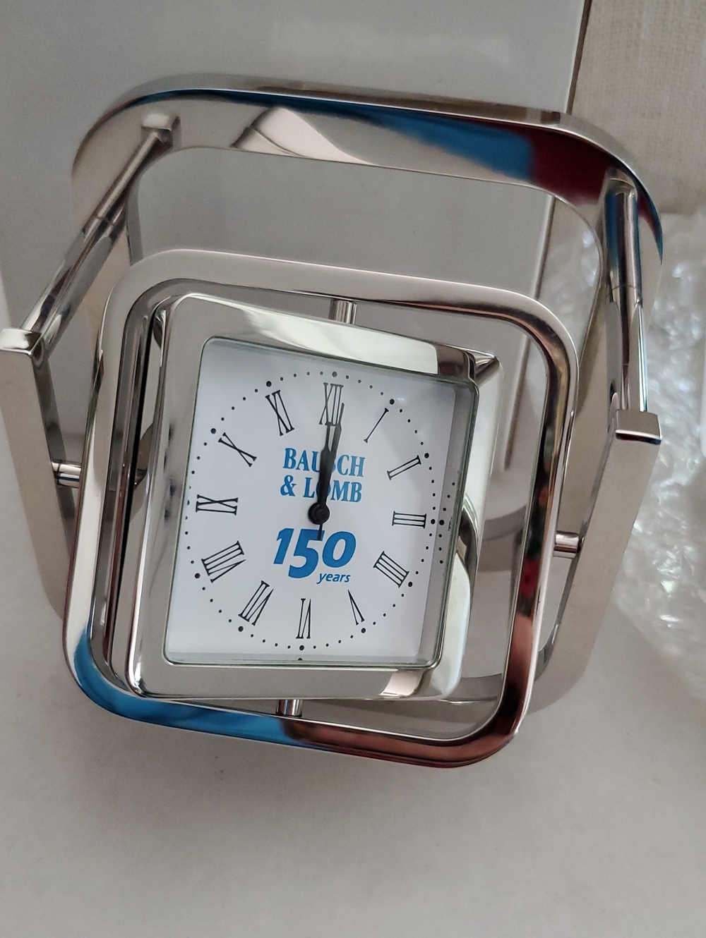 Bausch & Lomb 150th Anniversary Silver Square Desk Clock